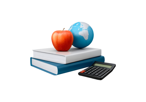 Educational still life with books, apple, globe, and calculator on transparent background, PNG