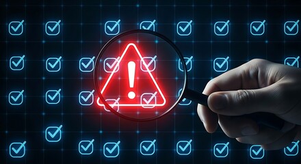 Magnifying glass examining a glowing red warning triangle with checkmarks in the background