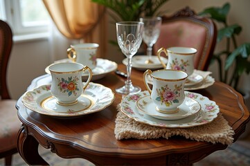 Fototapeta premium Elegant vintage tea set with floral patterns on an antique wooden table