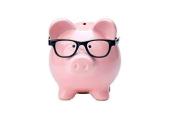 Pink piggy bank with glasses showcasing financial savings and smart money management on transparent background, PNG