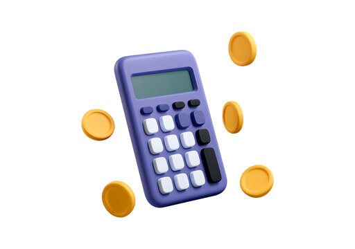 3d illustration of a purple calculator with floating gold coins on transparent background, PNG