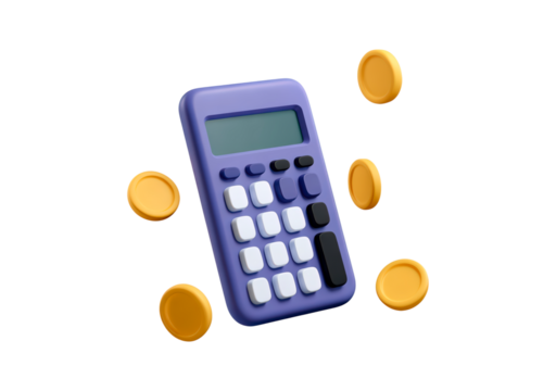 3d illustration of a purple calculator with floating gold coins on transparent background, PNG