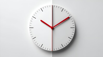Modern Minimalist Red And White Analog Clock On White Wall Background Clean Design Time Management Concept Home Decor Office Accessory Punctuality