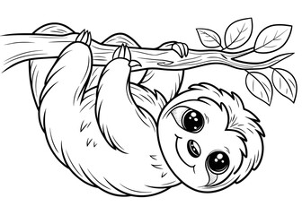 Cute sloth hanging on tree branch with cheerful expression for coloring page  