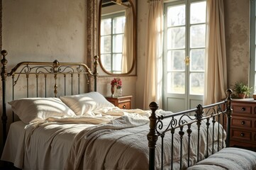 Cozy vintage bedroom with iron bedframe, large window, and natural light