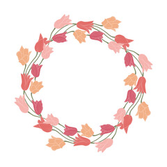 Pink and yellow hand drawn line art tulips flowers wreath isolated on white