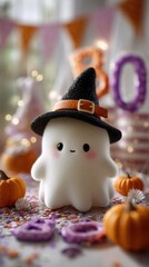 Obraz premium Cute ghost character in witch hat saying boo
