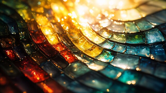 Close-up of vibrant, multicolored mosaic tiles, with sunlit, warm tones