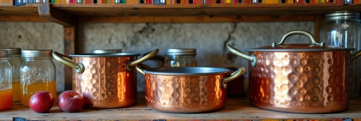 Rustic kitchen decor with copper pots and apples on wooden shelf