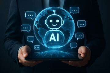 Businessman holding tablet with glowing AI globe and global communication icons