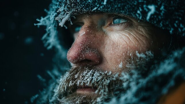 Man's face covered in snow and ice in extreme cold weather, wearing winter hat and fur-lined hood, focused on winter adventure - Powered by Adobe