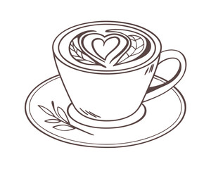 Hand Drawn Latte Art Coffee Cup with Heart Design and Leaves