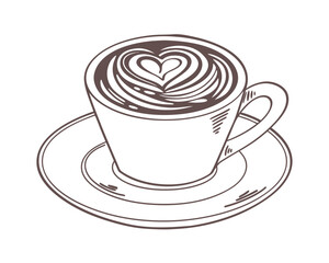 Hand Drawn Latte Art Coffee Cup with Heart Design on Saucer