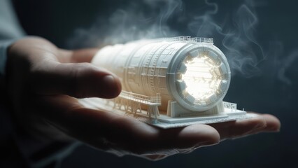 Hand holding a miniature, glowing machine