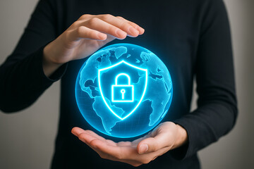Hands protecting digital globe with glowing shield and lock cybersecurity icon