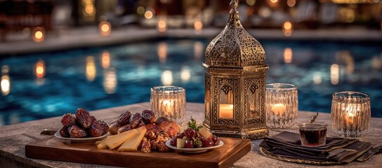 Candlelit table with dates, cheese, and fruit by a pool