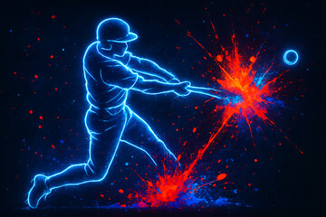 Obraz premium Neon Baseball Player Swinging Bat with Explosive Colorful Energy Splash Digital Art