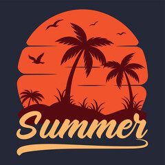 Obraz premium Retro sunset graphic design with palm trees and the word Summer vector