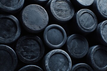 Textured Wall of Hockey Pucks. Black Rubber Equipment Design with Ice Sport Background