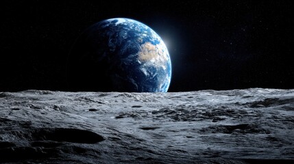 Celestial Dance: Moon's Surface with Earth Glowing in the Cosmic Night Sky