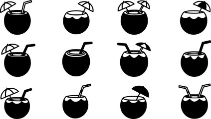 Summer coconut drink icons vector design. Coconut drink icons with straw and umbrella vector art. Summer coconut drink with straw and umbrella silhouettes