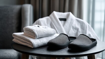 Hotel room amenities include bathrobe slippers and towels