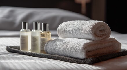 Hotel room amenities towels toiletries bed linen