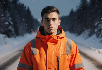 Winter road maintenance worker in an orange jacket clearing snow from highways
