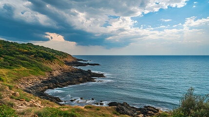 Naklejka premium Rugged coastline with green hills and dramatic clouds