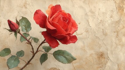 Red rose watercolor art illustration with green leaves and stem on beige background