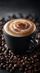 Obraz premium Black ceramic cup with cappuccino and foam topping