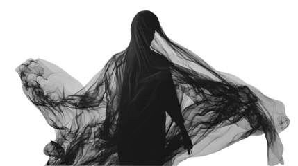 Silhouette of a person covered in flowing black fabric isolated on a transparent background