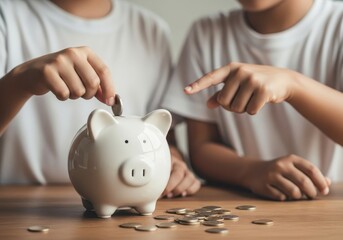 Two children putting coins into a piggy bank, representing saving money for the future and financial education