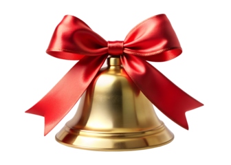 A shiny gold bell decorated with a red satin ribbon bow, isolated on transparent background