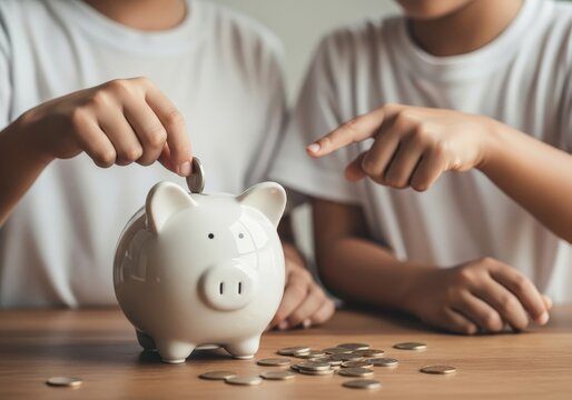 Two children putting coins into a piggy bank, representing saving money for the future and financial education