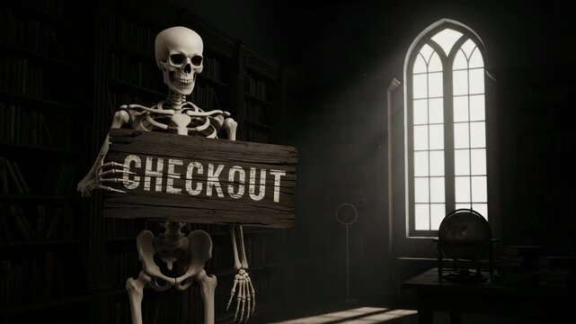 Skeleton holding checkout sign in dark library setting   - Powered by Adobe
