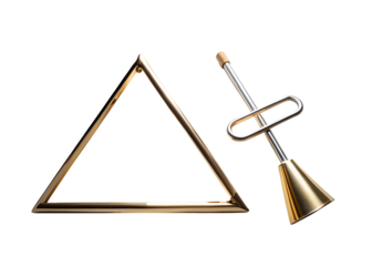 A golden triangle frame and a metal object with a handle and cone base, isolated on a transparent background