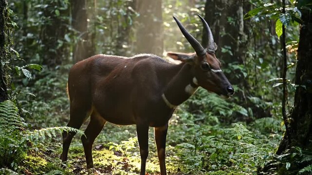 A bongo a brown antelope with white stripes stands in a lush green forest Sunlight filters through the trees illuminating parts of the forest floor