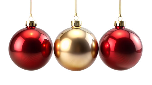 Three shiny christmas ornaments, two red and one gold, hanging and isolated on a transparent background