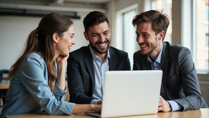 A diverse business team collaborates on laptops around a table during a meeting in a corporate office