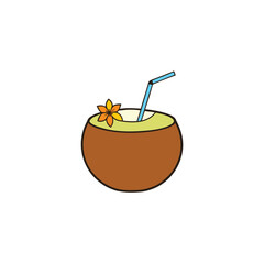 Tropical coconut water served in a shell with a straw and a vibrant flower