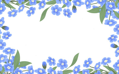 Banner frame with blue forget-me-nots, handmade digital illustration on a white background. An element for the design of postcards, invitations