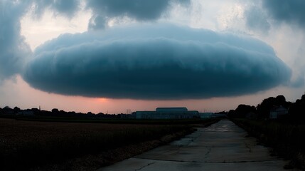 Formation of a Large Cloud Resembling a Nuclear Mushroom in a Rural Landscape During Sunset