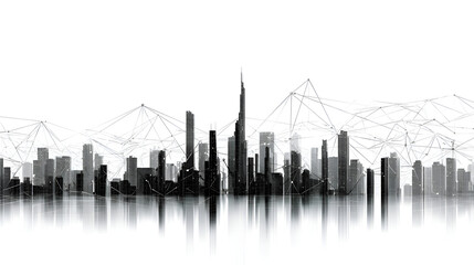 Panoramic Monochrome City Skyline at Dawn: A Detailed Illustration of a Modern Metropolis with Numerous Skyscrapers Reflected in Still Water