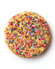 Delightful Round Cookie Adorned with Colorful Sprinkles on a Crisp White Background