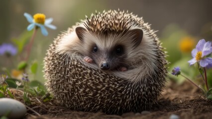 Fototapeta premium Hedgehog nestled amongst wildflowers