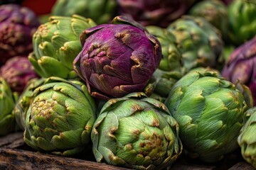 Obraz premium Vibrant Closeup of Fresh Artichokes at the Farmers Market: A Healthy Green Vegetable Showcase