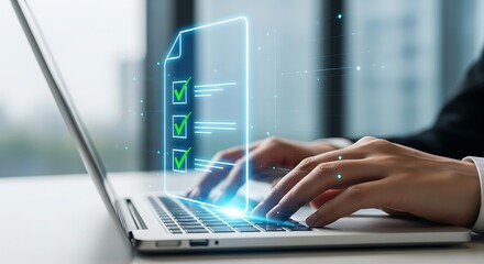 Person typing on a laptop with a glowing digital checklist overlay