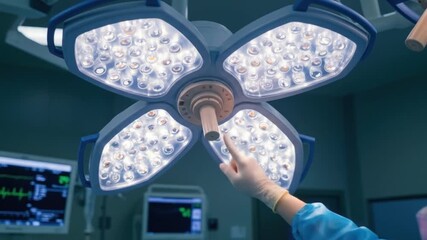 Surgical light with four panels and hand pointing in an operating room view