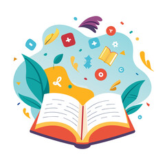 Open Book with Flying English Letters and Speech Bubbles Vector